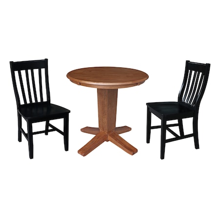 International Concepts 30 in. Solid Wood Round Top Pedestal Dining Table with 2 Chairs in Distressed Oak/Black K42-30RT-23-C46-61-2